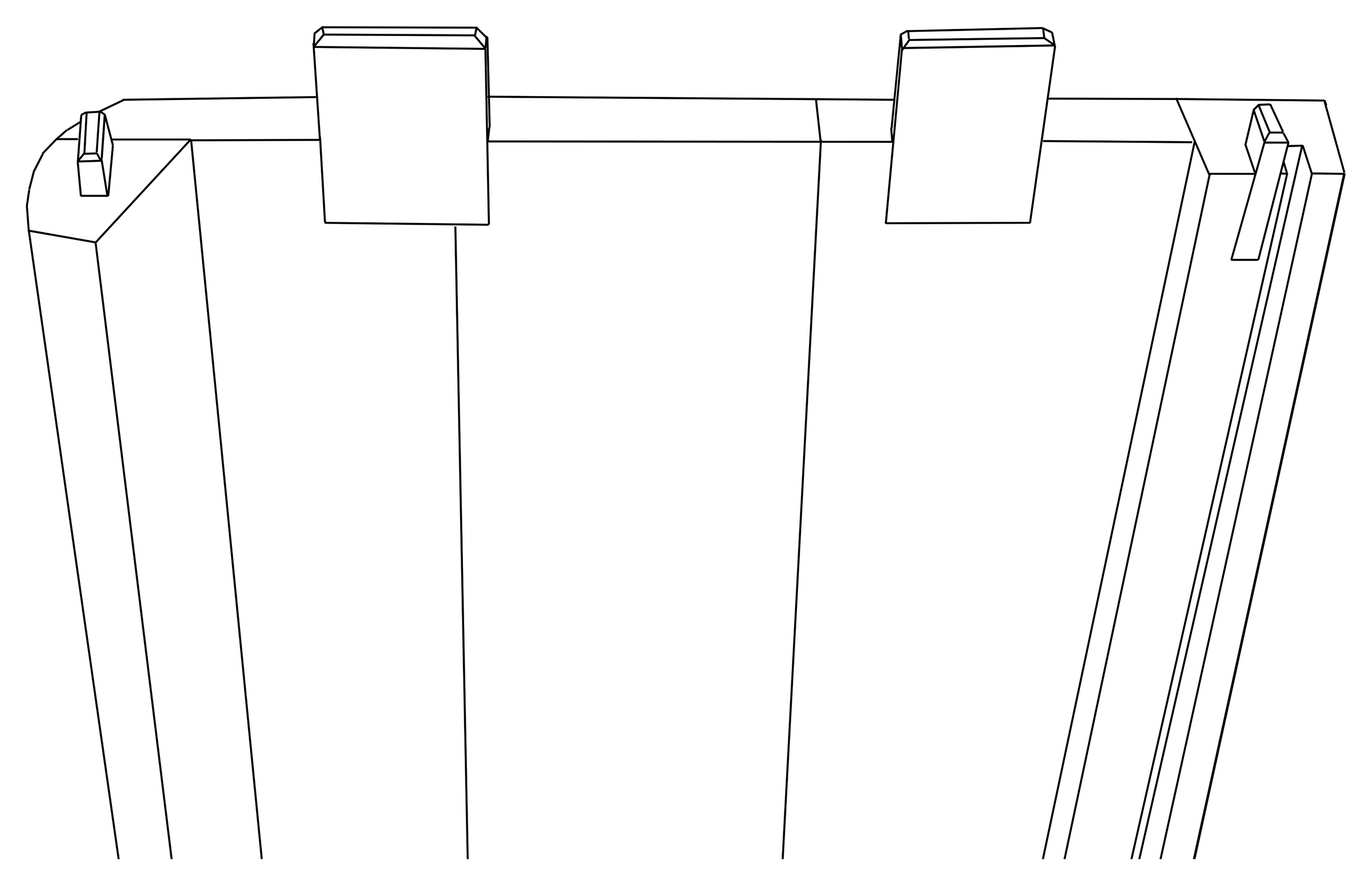 diagram of cabinet construction showing three parallel, upright side panels, two tabs on top, and more square end pieces on either side