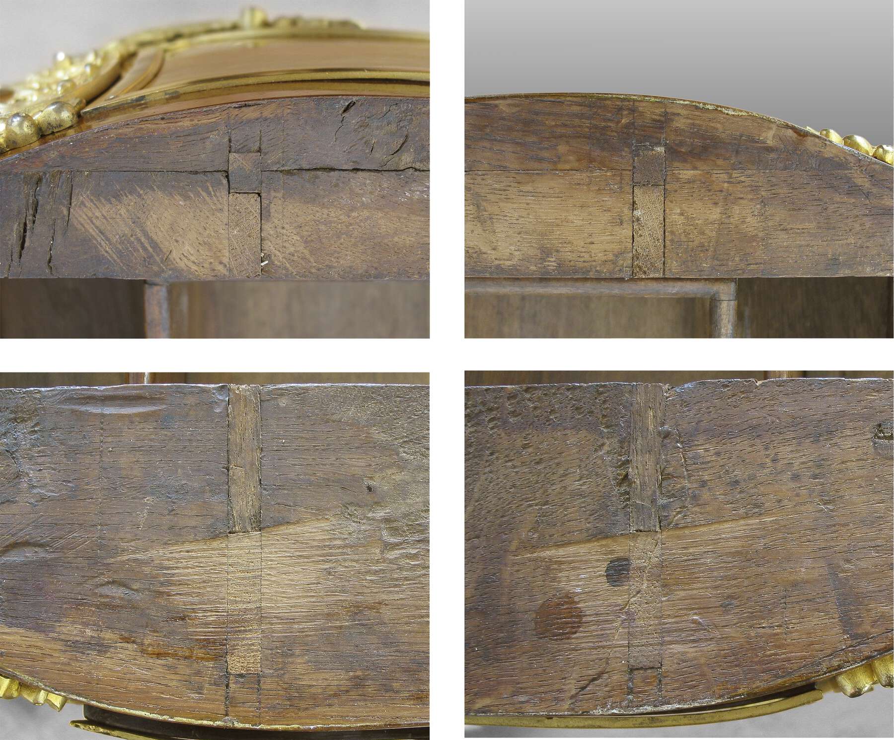 four photographs arranged in a square, all details of the weathered grained wood with a long vertical strip down the middle representing the remnants of the original dovetail blocks