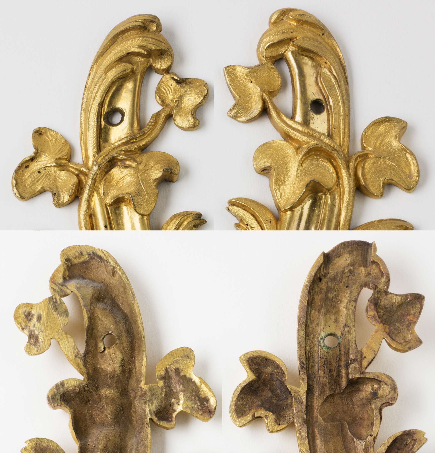 two stacked color photographs of two gilt bronze mounts, the top photograph is of the fronts and the bottom photograph is of the backs