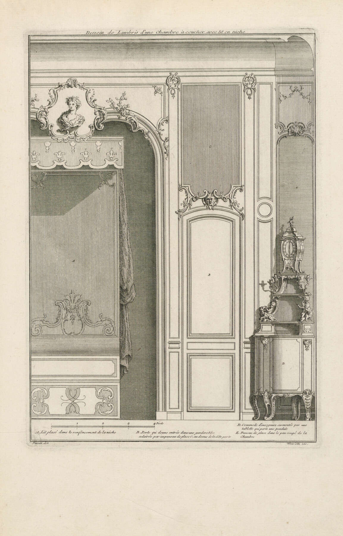black, white, and gray engraving of an ornate French sleeping chamber with a corner cabinet depicted in the lower right-hand corner