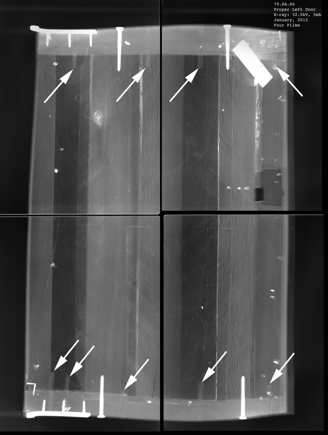 black-and-white composite x-ray of one of the drawers, with nine white arrows pointing to the original wooden peg joinery