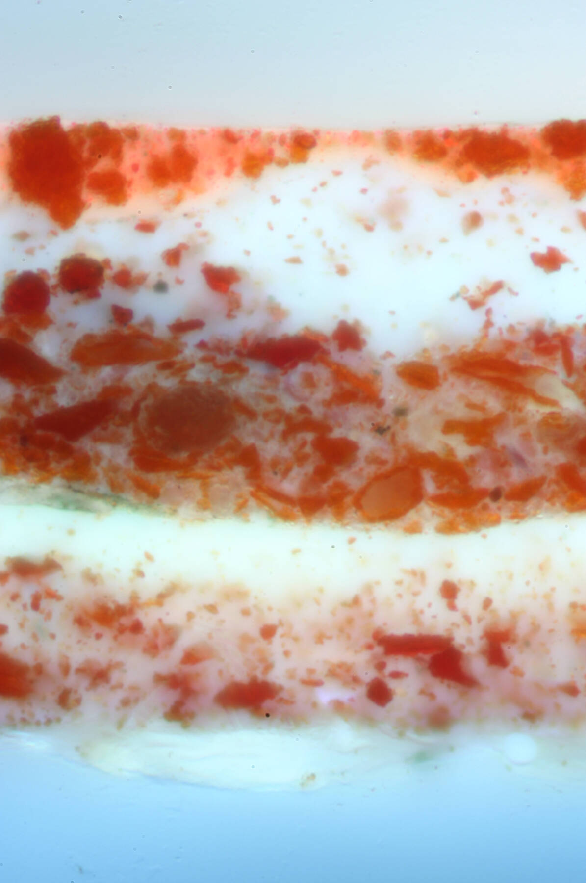 cross-section photomicrograph revealing the multi-layer structure of the European lacquer under UV light, with strips of white, reddish orange, and light blue