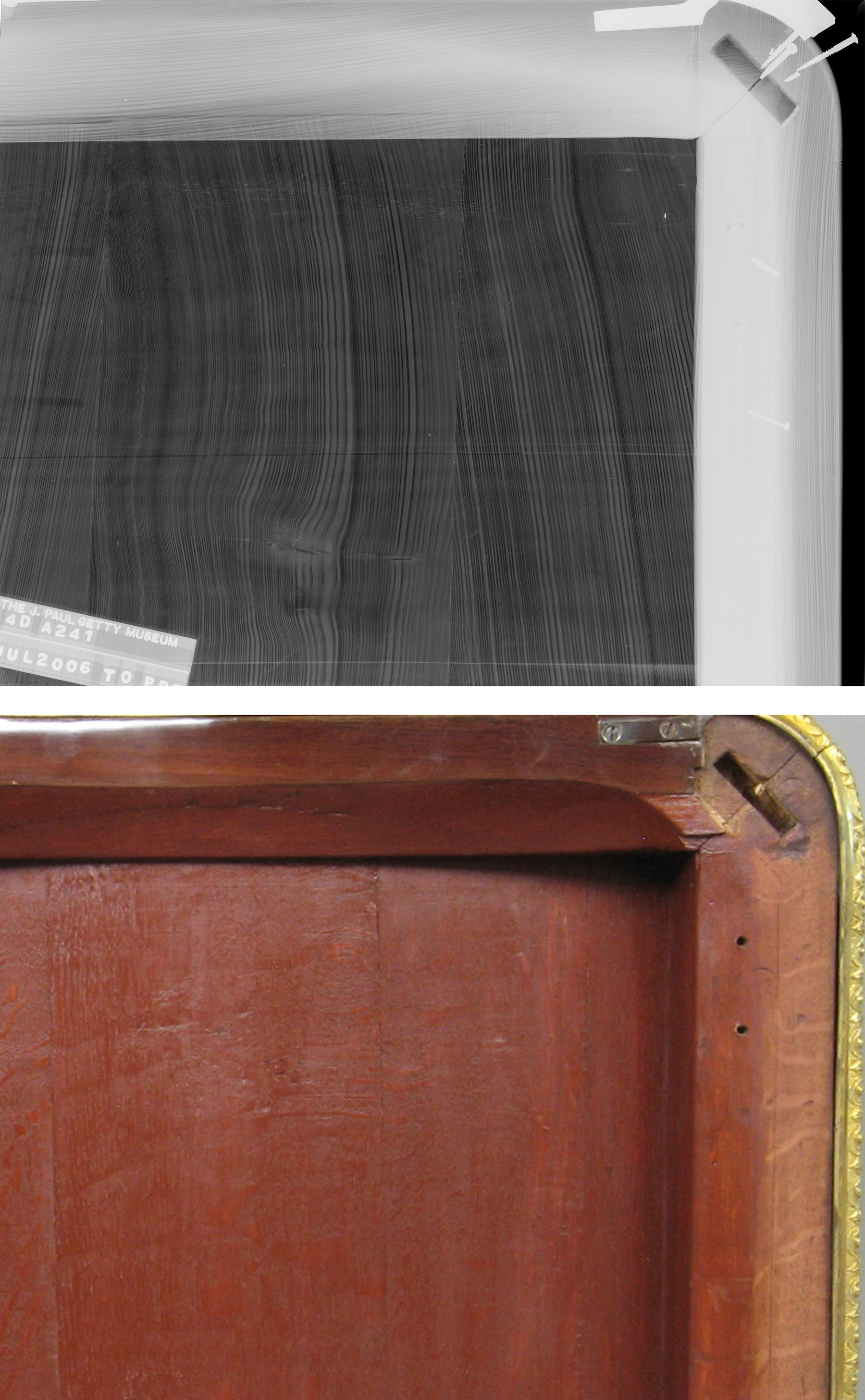 a black and white x-ray of the top of one of the cabinets revealing the hidden board between the two layers of the cabinet, coupled with a photograph of the same section as seen from the above