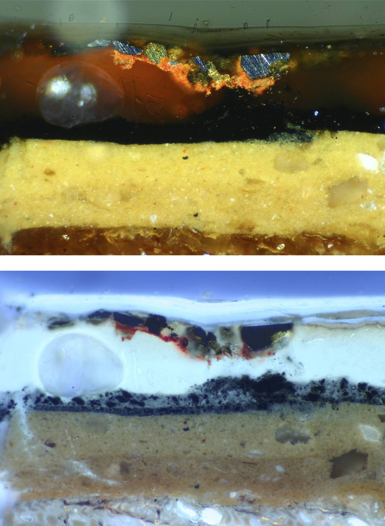 two photomicrographs of the layers of the painted lacquer on the middle register, one under visible light and one under ultraviolet light, revealing the metal powders used in the lacquer