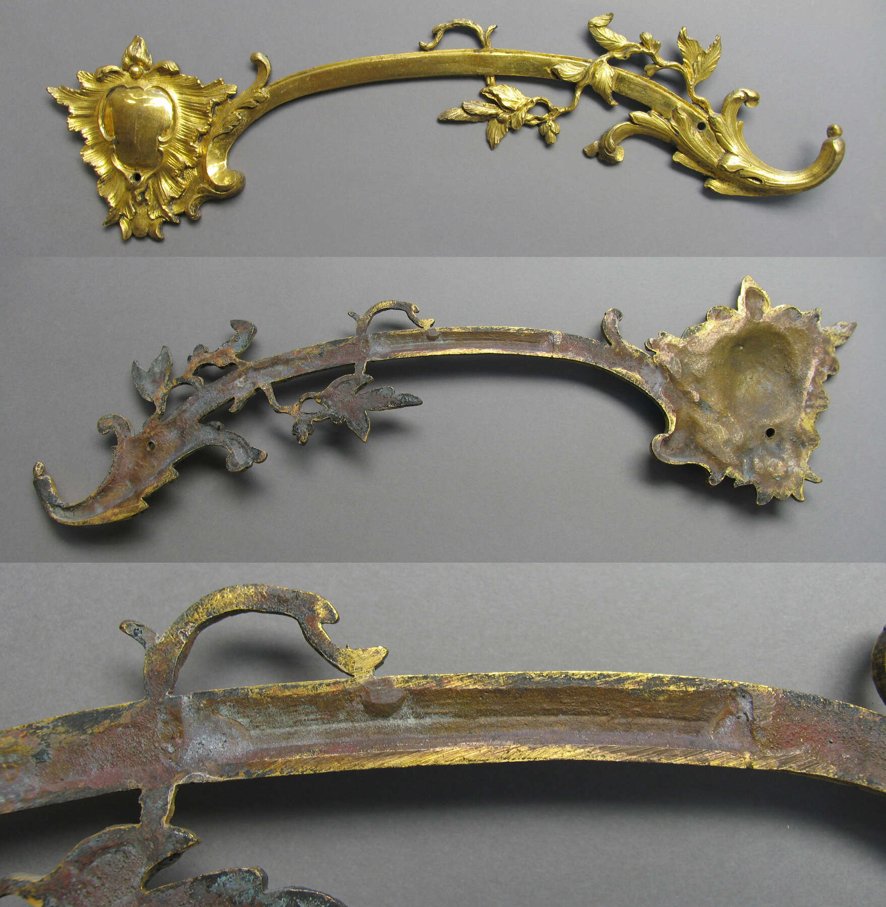 three details of one of the gilt bronze mounts from the bout de bureau: one from the front revealing the bright gilding, one from the back revealing the underlying bronze, and one zoomed-in image of the back revealing where the mount was soldered to reduce its length