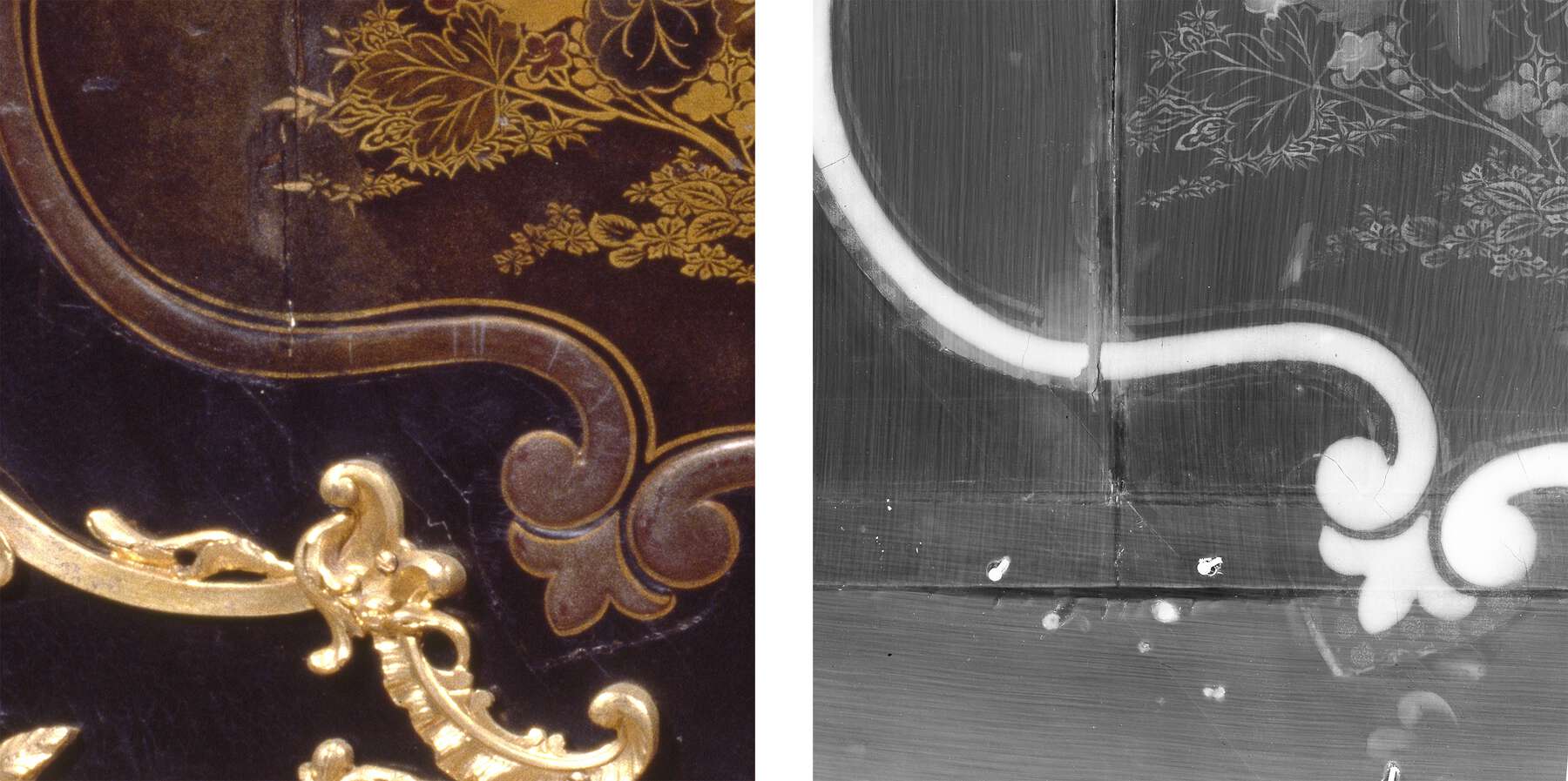 detail of the raised cartouche and part of the lacquer design on the front of the cabinet, coupled with a black and white x-ray of the same section that shows the original flat decoration in white
