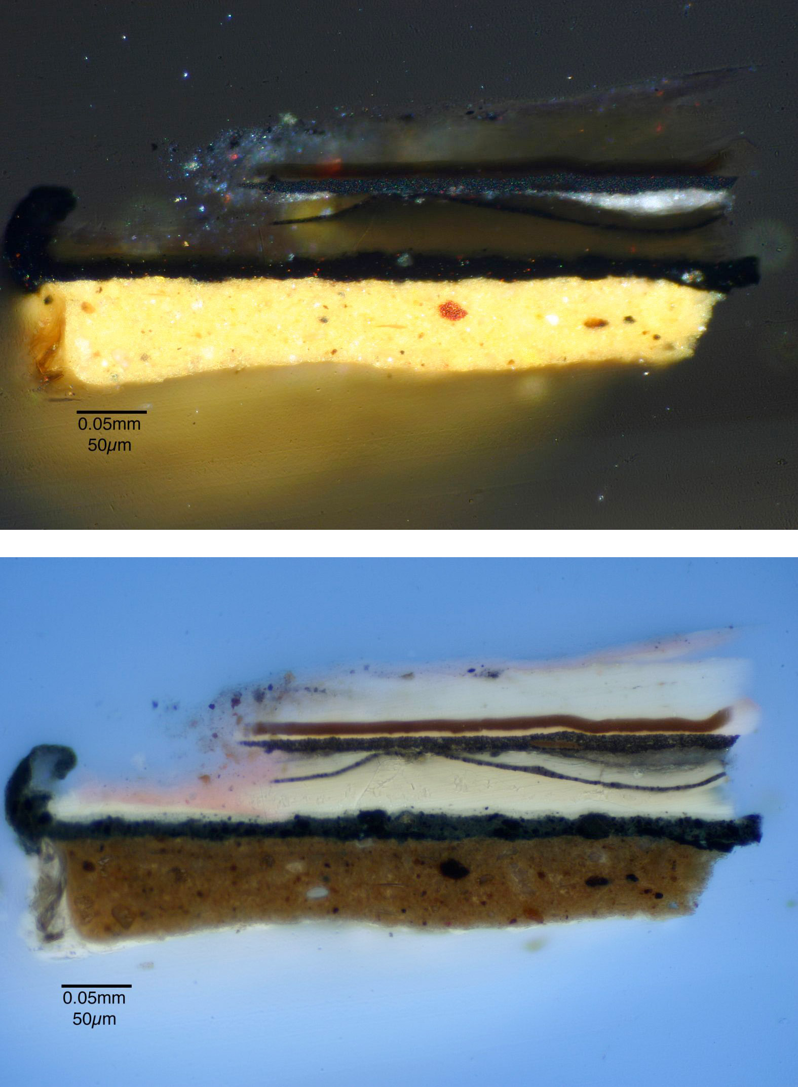 two cross-section photomicrographs revealing the multi-layer structure; the top shows the lacquer in shades of yellow and gold under visible light, the bottom in shades of blue, brown, black, and white under UV light