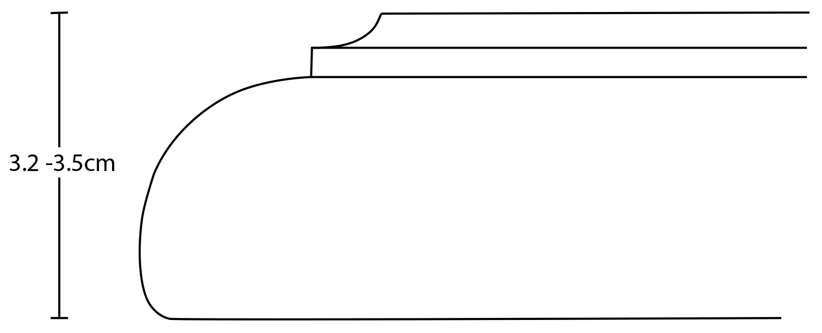 black and white line drawing of the profile of the marble tabletop with a black line to the left of the image scaled to 3.2 to 3.5 centimeters