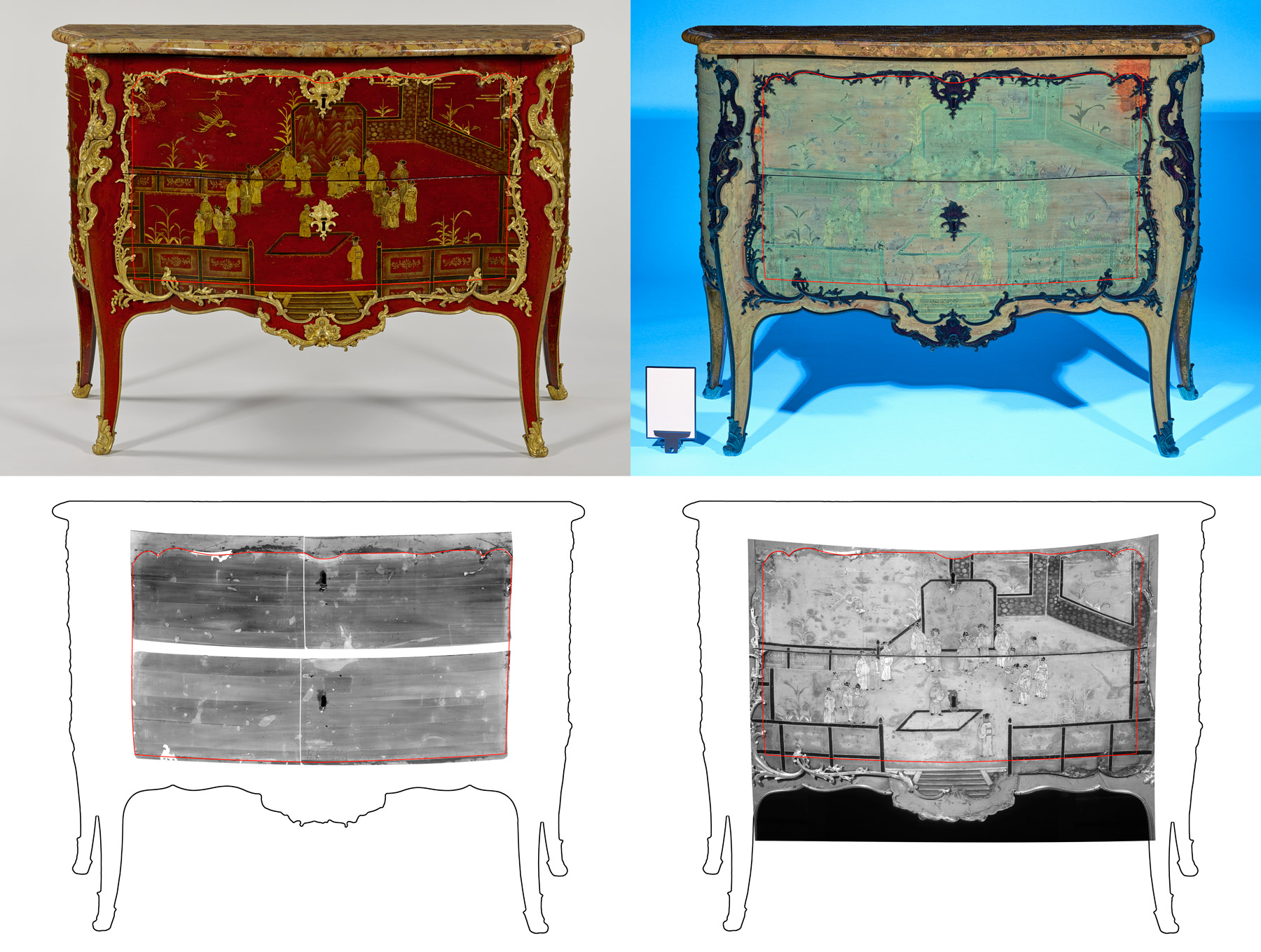 four images of the front of the commode arranged in four quadrants; one in reds and golds, one in teals and blues, and two in black and white with red outlines