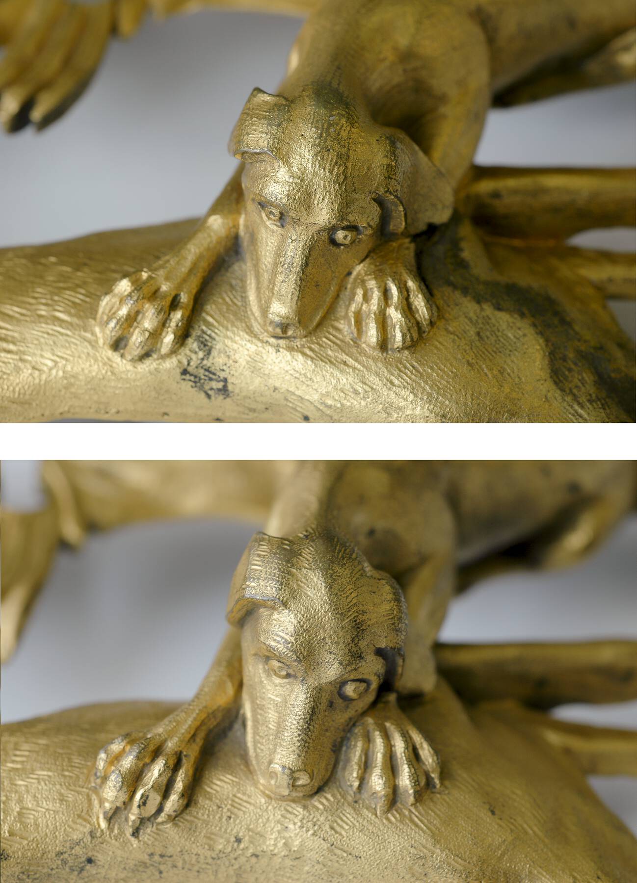 two horizontal photographs featuring one of the gilt bronze mounts—modeled on a dog—showing the subtle differences between the original mount, on the top, and the aftercast, on the bottom